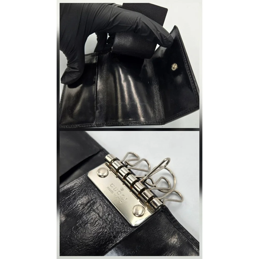 Gucci Vintage Black Leather 6 Hook Key Case Holder Silver G Logo Made in Italy